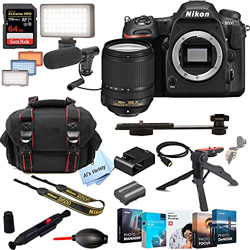 Nikon D500 DSLR Camera Kit with 18-140mm VR Lens | Built-in Wi-Fi|20.9 MP + Shot-Gun Microphone + LED Always on Light+ 64GB Extreme Speed Card, Gripod, Case, and More (26pc Video Bundle)