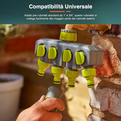 Avilia 4-Wege-Wasserhahn für Bewässerung, multifunktionale Trennwand mit 4 unabhängigen Ausgängen, optimal für Garten und Gemüsegarten, Frostschutz, geeignet für Wasserhähne von 1 Zoll und 3/4 Zoll,