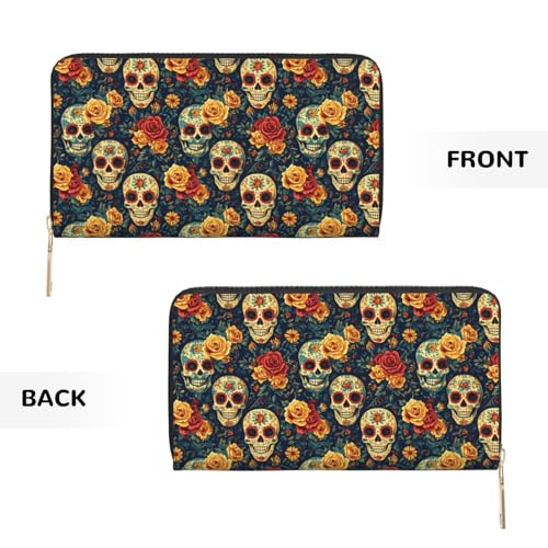 Retro Flower Skull Print Wallet Women Men, Long PU Leather Wallets for Women, Cute Womens Travel Wallet Purse Pouch with Zipper Pocket2