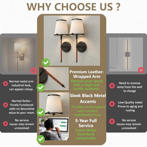 Image of DORESshop Battery Operated Wall Sconce Set of 2, Wireless Wall Light Easy to Install, 7 Color Rechargeable Wall Sconces, Sconce Wall Decor Set of 2 for Bedroom, Living Room, Black and Leather, 18.7in