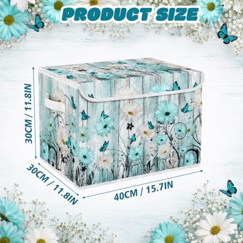 Image of Briwooody Blue Daisy Storage Bin with Lid and Carrying Handle Floral Butterfly Foldable Storage Box Large Farmhouse Decorative Collapsible Container Basket for Organizing Closet Home Bedroom Gift