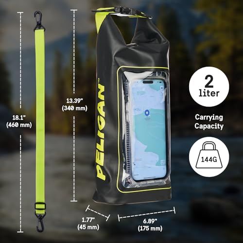 Image of Pelican Marine IP68 Waterproof Dry Bag 2L w /Phone Pouch /Case - Black /Yellow | Roll Top Waterproof Backpack with Touchscreen Phone Pouch - Swimming, Kayaking, Camping, Rafting, Fishing & Travel Essentials