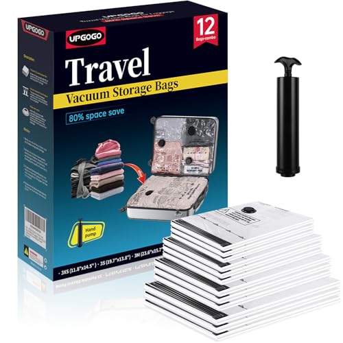 Image of UPGOGO Travel Vacuum Bags for Luggage with Hand Pump,Vacuum Seal Bags for Clothing,Packing Cubes Compression,Cruise Ship and Travel Essentials(Combo 12 Pack)