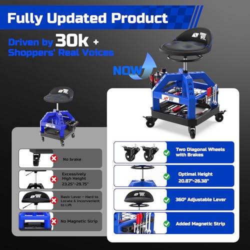 Image of Rolling Shop Stool for Garage with Casters, DO02-Adjustable Height 360 Swivel Shop Seat with Tool Tray Storage, 330 LBS Capacity Padded Mechanic Stool, Magnetic Tool Hold, Heavy Duty, Blue