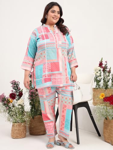 Image of Tissu Women's Plus Size Pure Cotton Red Asymmetrical Top with Trouser Co-ord Set