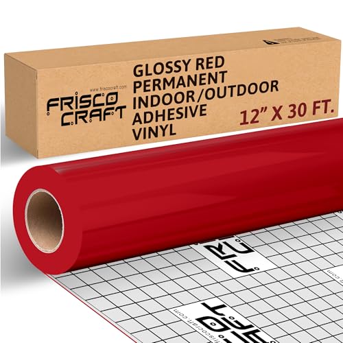 Frisco Crafts Glossy Red Permanent Vinyl - 12 x 30 Feet - Durable Self Adhesive Vinyl for Crafting Signage & Home Decor - Weather-Resistant Red Roll