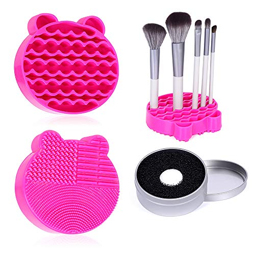 Silicone Makeup Brush Cleaner Mat, 2 in 1Brush Cleaning Mat,Brush Cleaner Pad with Brushes Drying Holder, Brush Scrubber Mat Portable Washing Tool with Removal Sponge Dry Makeup (Rose red)
