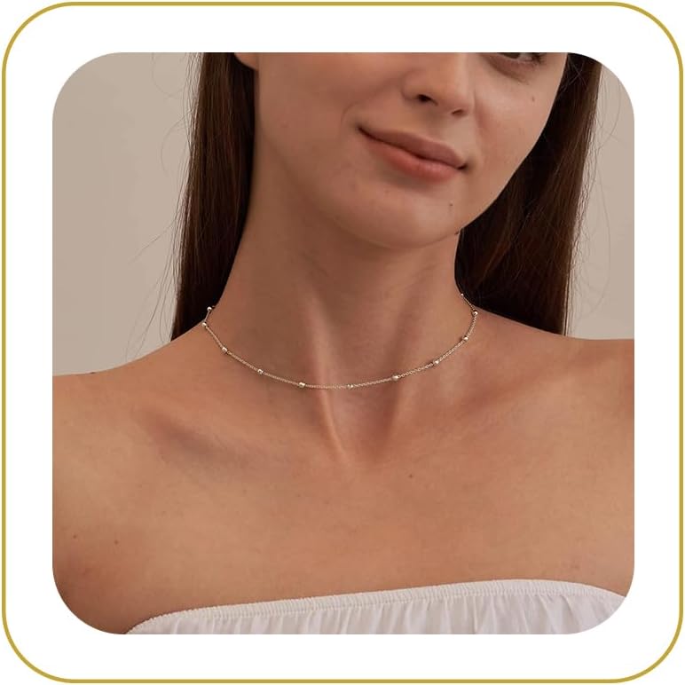 Gold Chain Necklace for Women, 14k Gold Plated Thin Beaded Wave Box Chain Necklace Dainty Gold Necklace Simple Layered Gold Choker Necklaces Minimalist Gold Link Chain Necklace Trendy Jewelry for Women