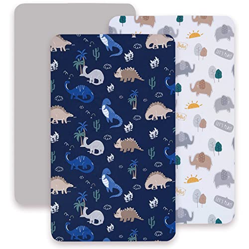 Jarosy Ultra Soft Mini Crib Sheets 3 Pack, Silky Skin-Friendly Playard Pack N Play Sheets For Baby Boys, 5'' Deep Pocket Fit All Pack N Play And Mini Crib Mattresses, Dinosuar & Elephant & Grey #TOP29