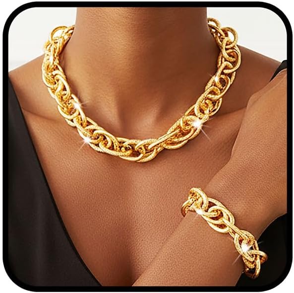 Sixexey African Jewelry Set Chunky Gold Necklace Set Cuban Link Chain Necklace Bracelet Set for Women
