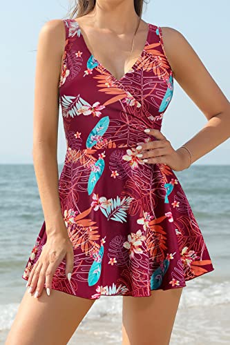 Image of SHEKINI One Piece V Neck Skirt for Women Modest Tummy Control Swimdress Bathing Suits Swimsuit
