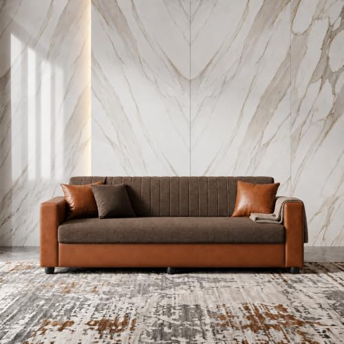 Image of Double Tone 3 Seater Sofa Couch, Upholstered Fabric & Faux Leather Sofa with Channeled Backrest, Living Room with Solid Wood Frame & Pillows, 189 cm (74 inch) Brown and Tan