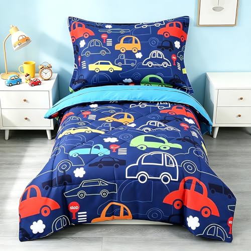 Image of Toddler Bedding Set Car, 4 Piece Toddler Bedding Set for Boys, Includes Car Toddler Bed Comforter, Flat Sheet, Fitted Sheet and Pillowcase, Blue