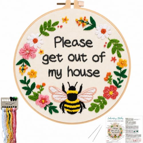 Image of Nuberlic Please Get Out of My House Embroidery Kit, Stitch Craft Set | Pre-Printed Fabric, Hoop, Threads, Needles,Guide Included. A Funny DIY Needlework Kit for Beginners, Gifts and Home Decor.