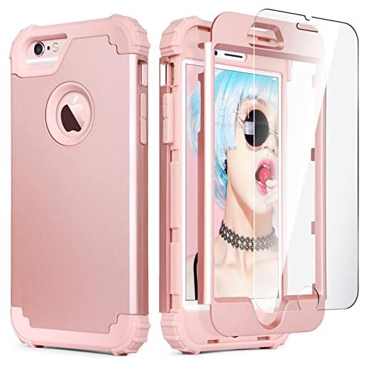 IDweel for iPhone 6S Case, for iPhone 6 Case with Tempered Glass Screen Protector, 3 in 1 Heavy Duty Shock Absorption Hard PC Covers Soft Silicone Full Body Protective Case for Women Girls, Rose Gold