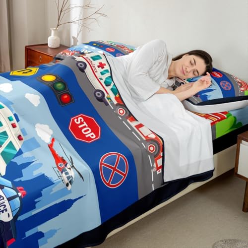 Parure de lit 4 pièces véhicules de sauvetage pour chambre enfant