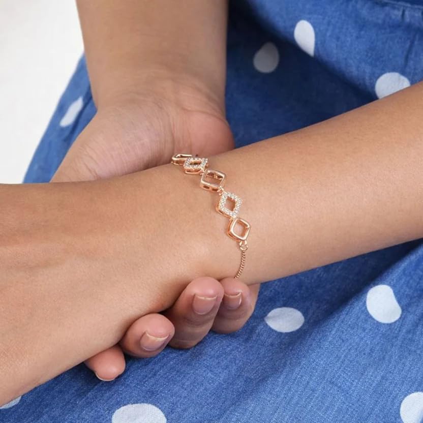 Image of Nilu's Collection Rose Gold & Silver Plated American Diamond Adjustable Bracelet, Stylish Fashion Jewellery Gift for Women