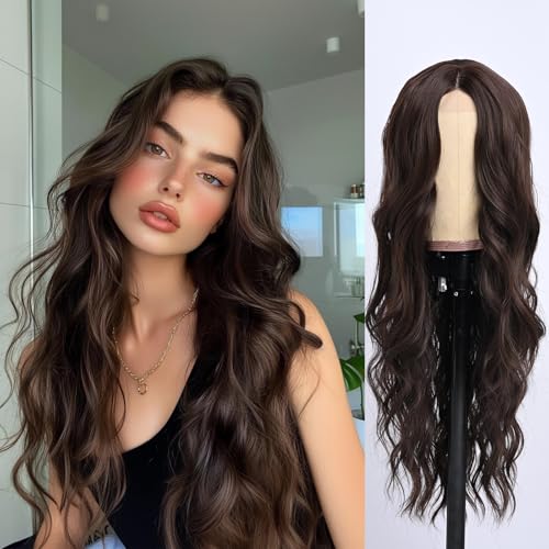 SeclitWu Long Brown Wave Wig for Women Middle Part Dark Brown Wavy Wigs Natural Looking Synthetic Heat Resistant Fiber Wig for Party Daliy Use (26 Inch)
