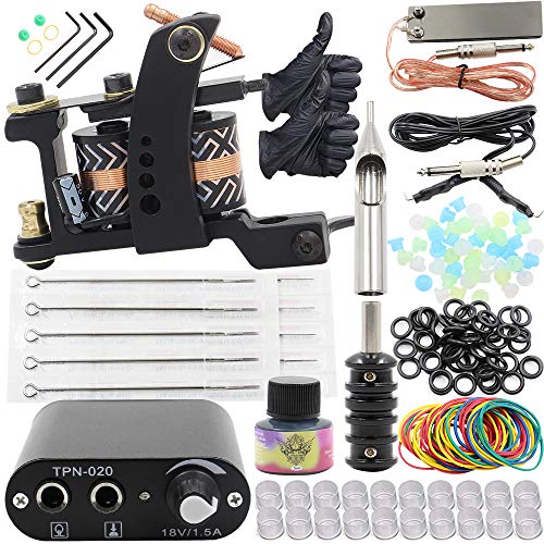 Complete Tattoo Machine Kit - Yuelong Pro Tattoo Kits Liner Shader Coils Tattoo Machine Guns with Power Supply Foot Pedal Pigment Inks Tattoo Needles Tips Grips Tattoo Accessices Tattoo Supplies