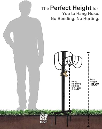 Miniatura 6 de Artigarden Soporte de manguera de jardín independiente con grifo de latón soporte de almacenamiento de tubería de agua de metal resistente para