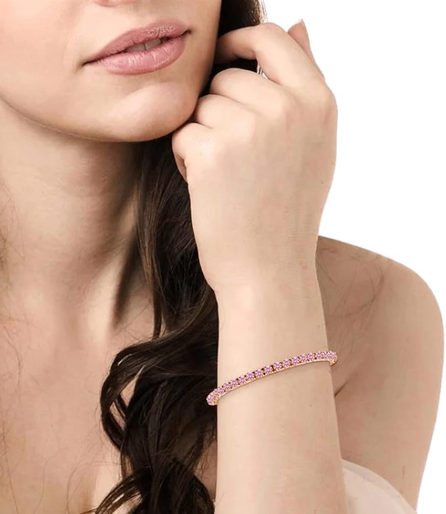 VVS1/D 6.25 Ctw. 14K Solid Rose Gold Bonded Solitaire Pink Tourmaline Lab Simulated Diamonds One Row Tennis Link Chain Bracelet Unisex 3mm