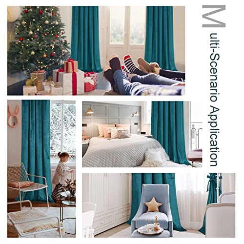 Jiuzhen Velvet Blackout Curtains 96 Inches - Teal Velvet Curtains Room Darkening Privacy Window Treatment Set For Bedroom Dining Living Bedroom Patio Door, 60 Wide X 96 Long, 2 Pair With Tiebacks #TOP5
