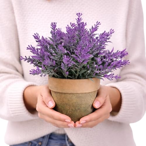 Image of Garden Art Artificial Lavender Plant in Rustic Pot - Realistic Faux Lavender Flowers for Home Decor, Office Desk, Tabletop, Farmhouse & Modern Decoration (P-093Pink)