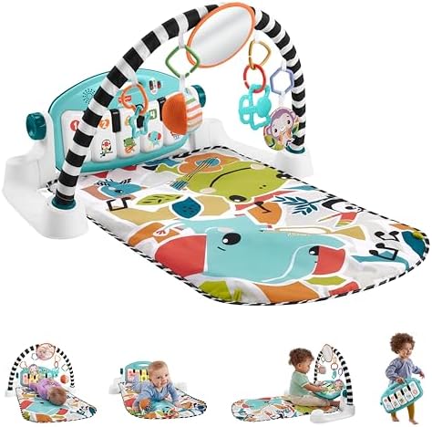 Fisher-Price Kontrast Kick & Play Pianospieldecke für Babys, Spielspaß Pianospieldecke, tragbares Musikspielzeug mit Smart-Stages-Lerninhalten, ab 0 Monaten, mehrfarbig, deutsche V