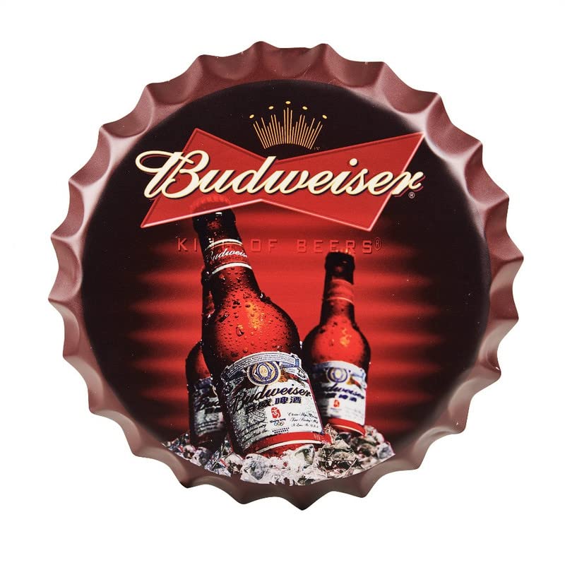 Image of EAZYWAGON Decorative Metal Bottle Caps Wall Sign Plates - 14X14 Inches - Beer Brand Sign Bud | Metal Wall Hanging Bottle Cap for Home, Farmhouse, Bar & Cafe Decoration | Vintage & Retro Look Plaques
