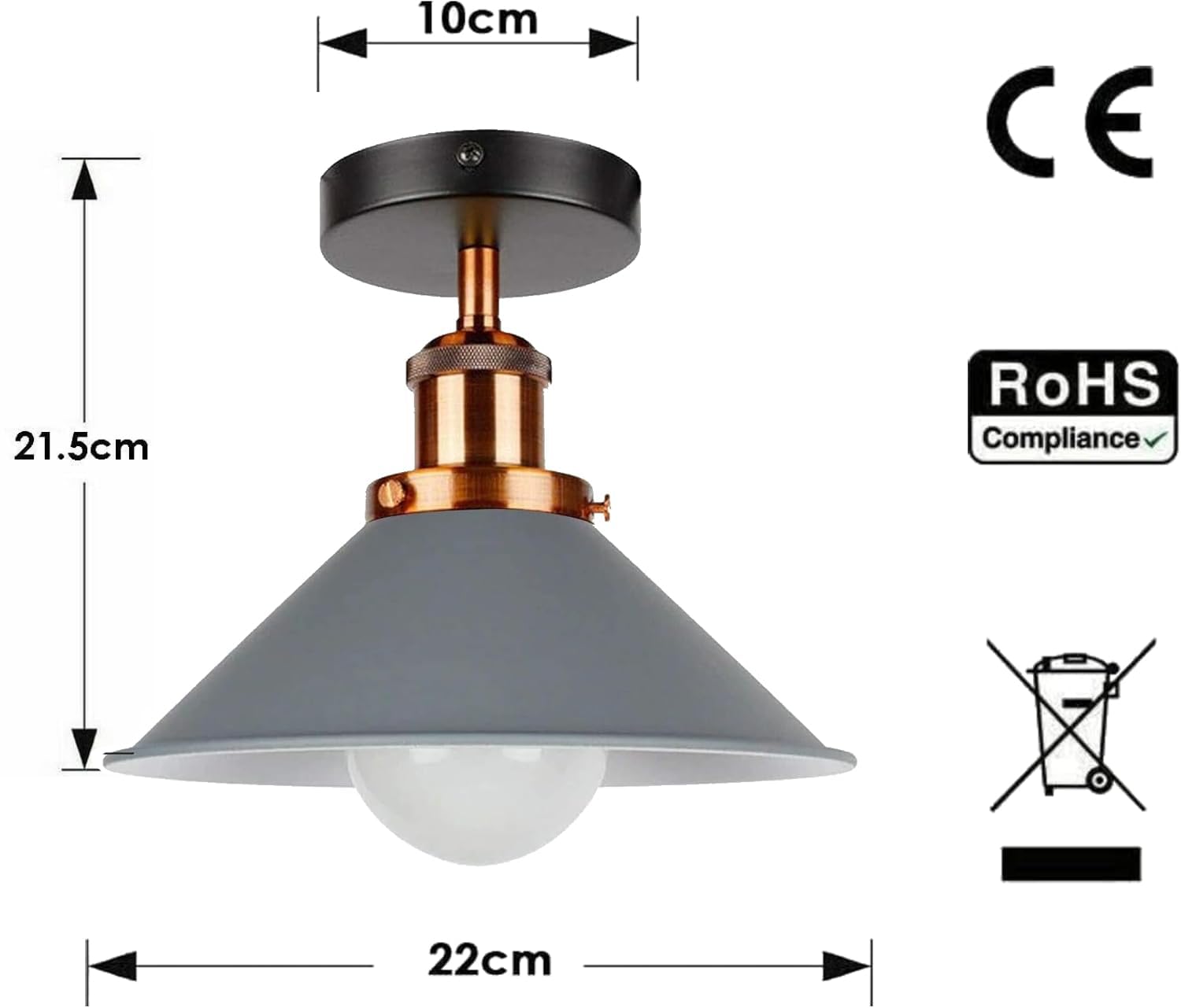 LEDSone Vintage Semi Flush Mount Ceiling Light Metal 2 Pack Cone Shape Pendant Lamp E27 Lights Fitting for Kitchen Bedroom Hallway Restaurant Hotel Grey Without Bulb - Image 3
