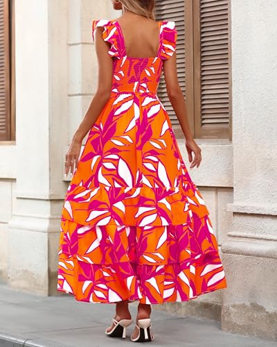 dowerme Summer Dresses for Women 2026 Casual Ruffle Smocked Tiered A-Line Boho Floral Maxi Beach Sun Dress with Pockets(Rose Red Floral,XX-Large) — view 4