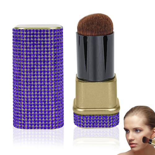 Biiange Retractable Blush Brush, Bling Diamond Makeup Brushes, Retractable Foundation Blusher Face Powder Cosmetic Tool, with Cover - Adjustable (Dark Blue)