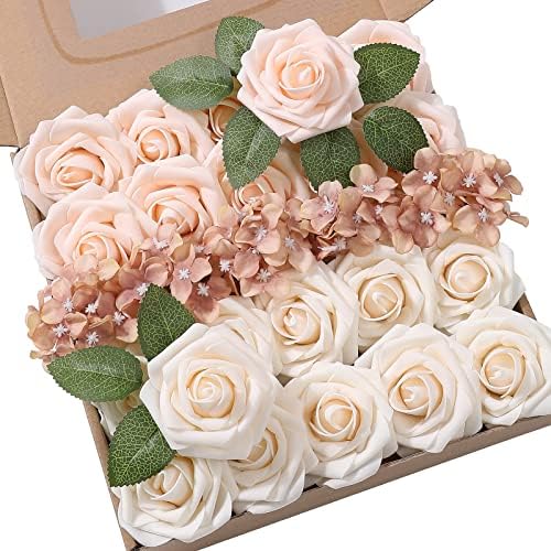 YYHUAWU Artificial Flowers Combo Box Set Gradient Color Flower Leaf with Stems for DIY Wedding Bouquets Centerpieces Baby Shower Party Home Decorations (Gradient Champagne)
