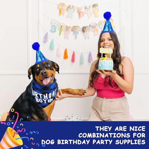 JJUNW 4 Stück Hund Geburtstag Bandana Set, Hund Geburtstag Party Set, Hunde Bandana Mütze mit 8 Bling Nummern und Fliege Hunde Zubehör Set für Welpenkatzenhaustie(blau)