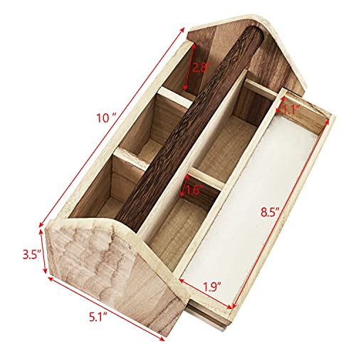 Image of Ikee Design Small Natural Wood Color Wooden Craft Tool Box Caddy with a Handle for Storage Tool, Makeup, Collections with 5 Compartments for Storage and Organizing, 10 W x 5.1 D x 3.5 H in