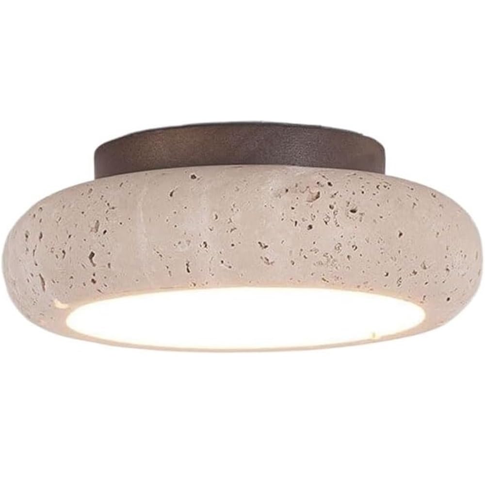 LUOYAOB Japanese Retro 7.8in Round Ceiling Lights Yellow Travertine Body Semi Flush Mount Ceiling Lamp Solid Wood Base Ceiling Light Fixture for Bedroom Living Room Hallway