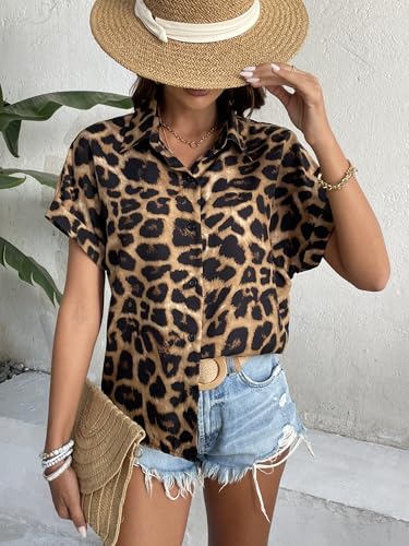 Verdusa Women's Leopard Print Tops Button Down Shirt Short Sleeve Blouses Shirts Dressy Fashion Tops4