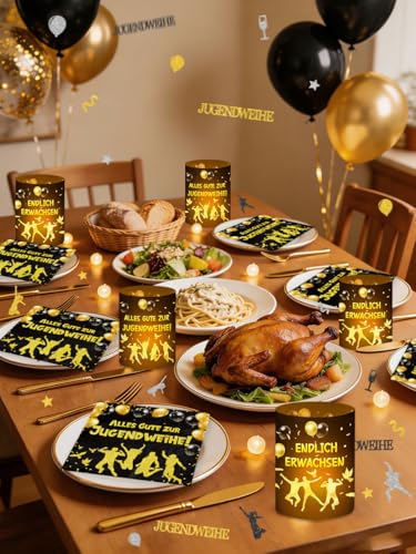 20 Stück Servietten Jugendweihe + 12 Stück Windlicht + 120 Konfetti, Jugendweihe Deko Mädchen Junge, Tischdeko Schwarz Gold Party Deko Geschenke Gastgeschenk, Servietten 33x33cm
