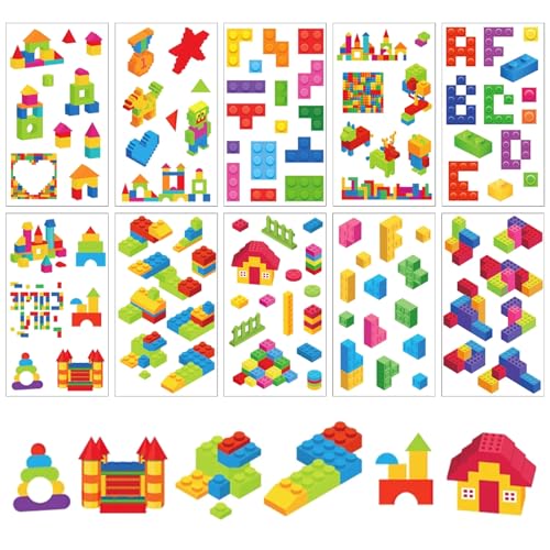 Bloque de construcción tatuajes temporales para niños 10 hojas dibujos animados tatuajes infantiles bloques de construcción decoración cumpleaños bloques de construcción coloridos suministros fiesta