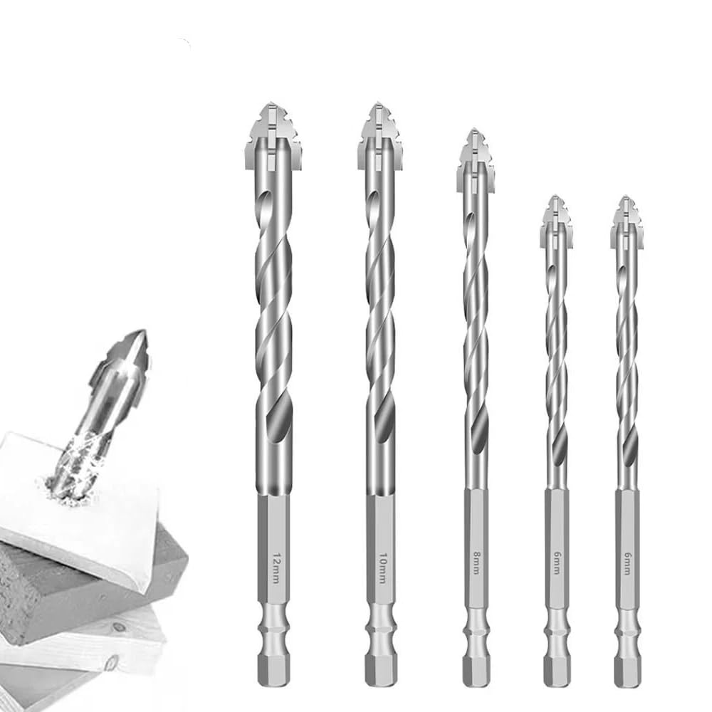 Crozgan 5Pcs 4 Blade Serrated Eccentric 4 Flute Drill Bits with 1/4" Hex Shank, Fine-Polished Car Tile Drill Bits Set for Metal Wood Glass Ceramic Tile(6/8/10/12mm)