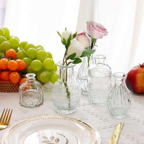 Image of TIED RIBBONS Glass Bud Vases for Flowers - Pack of 5 Clear Antique Glass Centrepiece for Mini Flowers- Antique Collections for Floral Arrangements Home Decorations Item for Home Decor