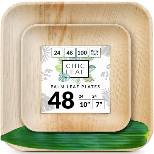 Chic Leaf Palm Leaf Disposable Plates - Bamboo Plates Disposable 10 Inch & 7 Inch Square (48 pc) Compostable & Biodegradable, Better than Plastic Plates - Heavy-Duty, Party Plates Dinnerware Set Chic Leaf Palm Leaf Disposable Plates - Bamboo Plates Disposable 10 Inch & 7 Inch Square (48 pc) Compostable & Biodegradable, Better than Plastic Plates - Heavy-Duty, Party Plates Dinnerware Set