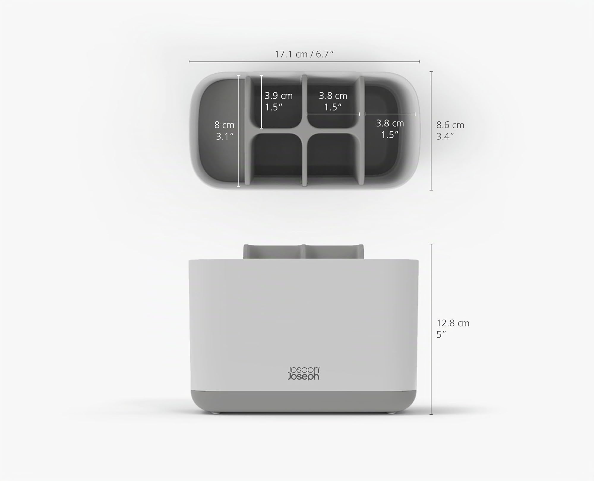Joseph Joseph EasyStore- Porta Spazzolino, Dentifricio e Filo Interdentale, Compatibile con Spazzolini Elettrici e Tradizionali, 6 Scomparti, Contenitore da Bagno Smontabile- Grande, Grigio/Bianco