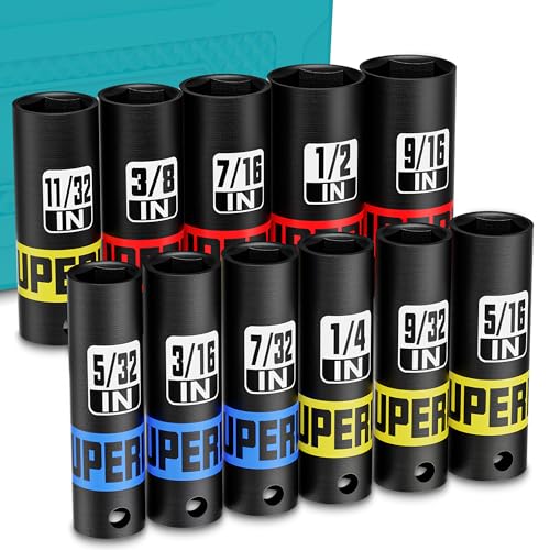 Image of 11 Piece 1 /4 inch Drive Impact Socket Set, 5 /32 inch - 9 /16 inch Deep Socket, SAE, 6 Point, CR-V, Auto Repair Bicycle Maintenance and Furniture Assembly