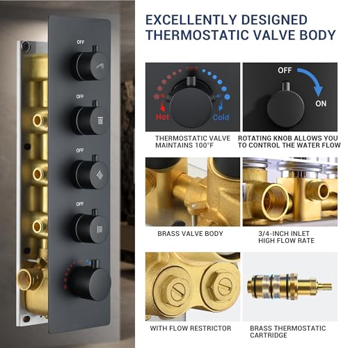 32” Luxury Thermostatic Full Body Shower System with 32-Inch Mist & Rainfall Shower Head & 6 Body Jets, Handheld, JetsBath Matte Black Two Person Shower Faucet Set, Smart Shower System for Couples - Thumbnail 7