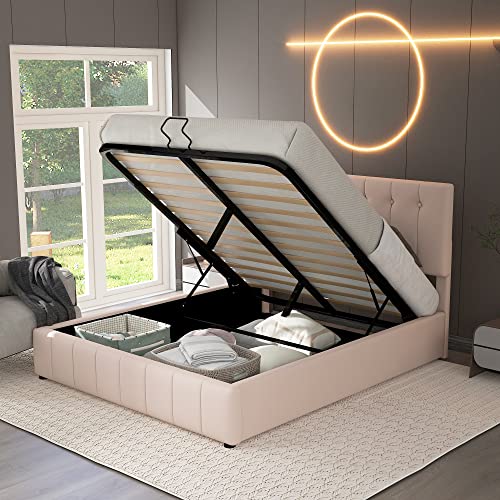 Cama tapizada hidráulica 140x200 cm Cabecero Regulable en Altura Cama Doble para Adultos Adolescentes Cama de almacenaje Caja de Cama Somier metálico Cama de Invitados Sin colchón Beige Oscuro