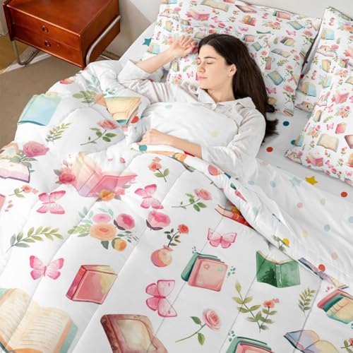 Image of Cartoon Books King Bedding Sets with Comforter,Flat & Fitted Sheet,Pillowcases,Pillow Covers 7 Pcs Garden Floral Fairy Tale Dreamy Comforter Set Watercolor Rose Pink Butterfly Bedroom Dorm