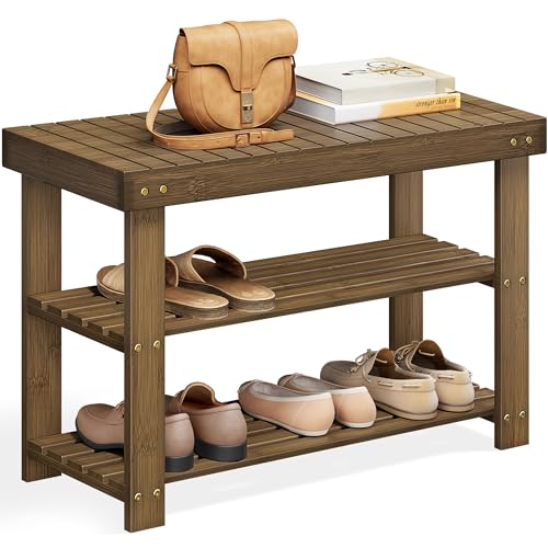 SONGMICS Shoe Rack Bench, 3-Tier Bamboo Shoe Storage Organizer, Entryway Bench, Holds Up to 286 lb, 11.3 x 27.6 x 17.8 Inches, for Entryway Bathroom Bedroom, Yellow Brown ULBS04WL 27.6"W Yel