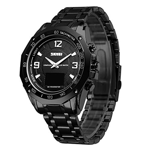 SKMEI Dual Time Gadget Watch Pedometer Stopwatch Countdown Alarm Compass Stainless Steep Strap, Black - Image 3