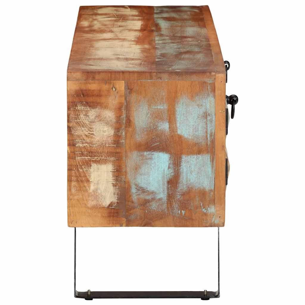Mobile Porta TV 112x30x45 cm in Legno Massello di Recupero | Mobiletto basso vintage per soggiorno con ante e ripiani in legno riciclato e gambe in metallo.